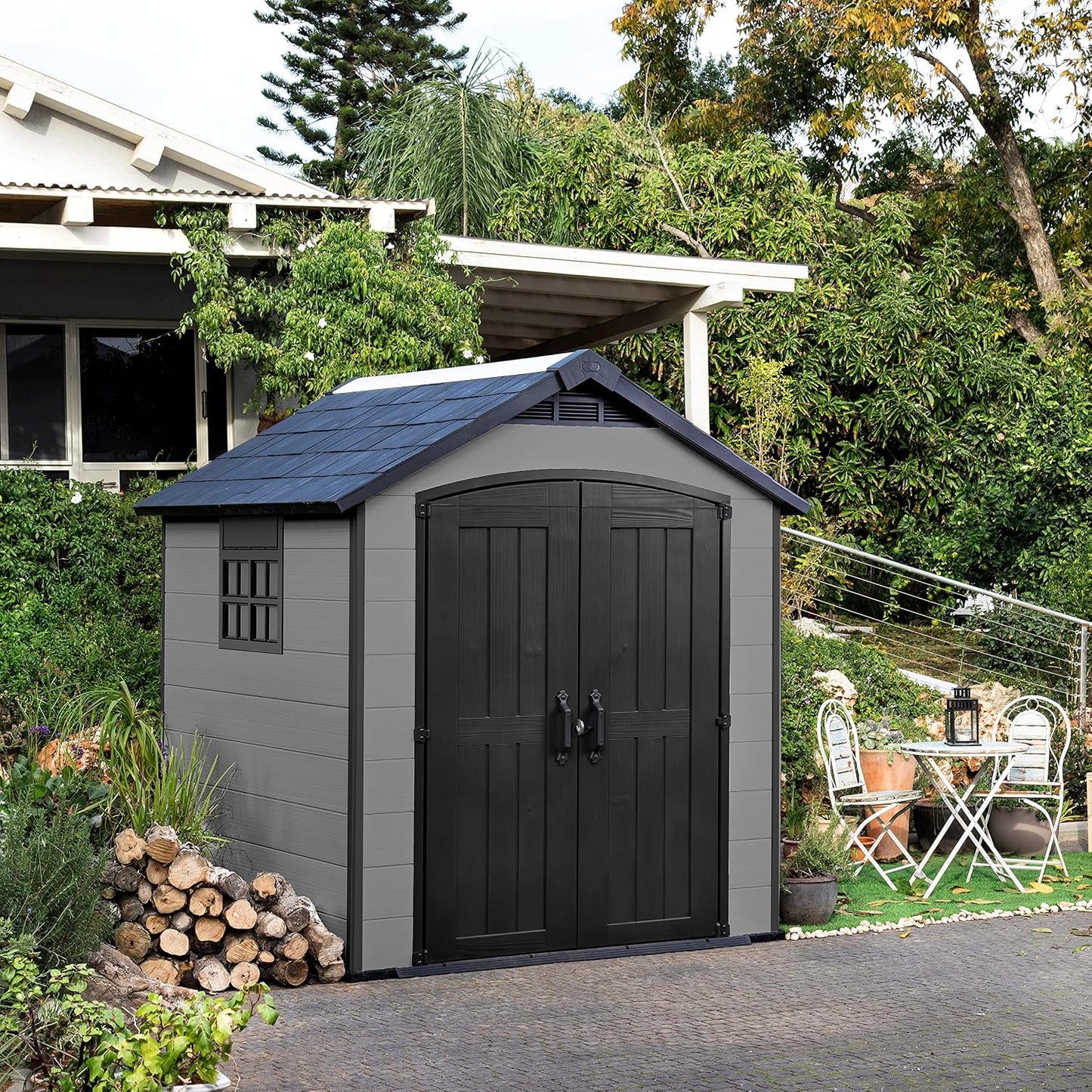 Keter Premier Apex Outdoor Garden Storage Shed, Grey, 7.5 x 7 ft